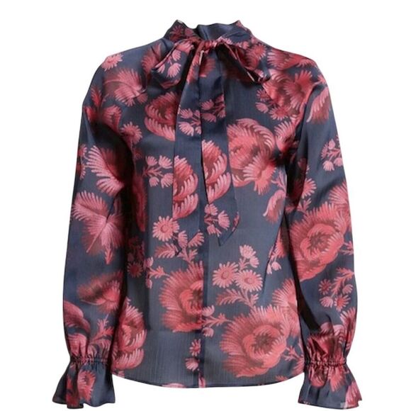 Ted Baker London Women's Floral Blouse Size 0 Multicolor Long Sleeve Tie Neck - Picture 1 of 16